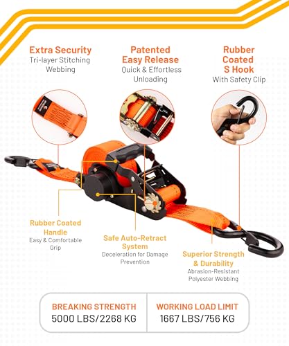 Strapinno 2PCs Retractable Ratchet Tie-Down Straps,5,000 lbs Break Strength- 2 in x 12 ft Heavy Duty Ratchet Strap with Safety Lock S Hooks for Motorcycles, ATVs, UTVs, Lawn Equipment & Cargo-Orange - Image 2