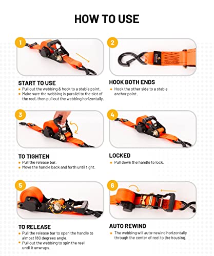 Strapinno 2PCs Retractable Ratchet Tie-Down Straps,5,000 lbs Break Strength- 2 in x 12 ft Heavy Duty Ratchet Strap with Safety Lock S Hooks for Motorcycles, ATVs, UTVs, Lawn Equipment & Cargo-Orange - Image 4