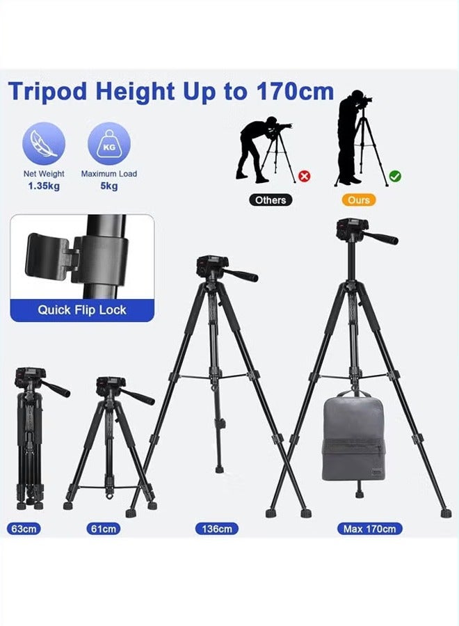 بيوينتي حامل ثلاثي للكاميرا ثلاثي الأوضاع مصنوع من سبائك الألومنيوم حامل ثلاثي للهاتف المحمول بطول 170 سم مع جهاز تحكم عن بعد ثلاثي الأوضاع للهاتف المحمول وحقيبة تخزين بمشبك للهاتف المحمول يدعم كاميرات DSLR و - Image 2