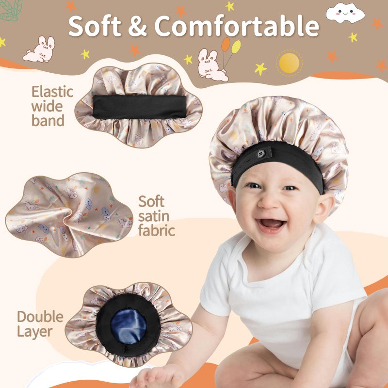 WINSTECK Baby Bonnet قلنسوة حريرية ناعمة من الساتان للفتيات والأولاد والرضع طبقة مزدوجة وشريط مطاطي واسع للأطفال، قبعة نوم قابلة للتعديل للأطفال الصغار، شعر طبيعي مجعد، أرنب شامبانيا - Image 3