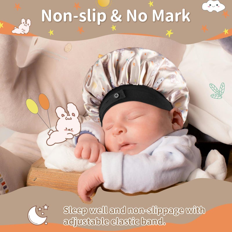 WINSTECK Baby Bonnet قلنسوة حريرية ناعمة من الساتان للفتيات والأولاد والرضع طبقة مزدوجة وشريط مطاطي واسع للأطفال، قبعة نوم قابلة للتعديل للأطفال الصغار، شعر طبيعي مجعد، أرنب شامبانيا - Image 4