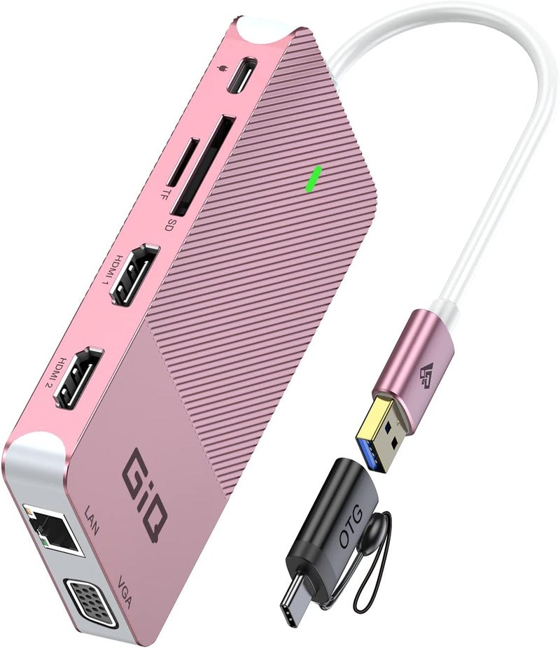 USB Docking Station USB C HUB USB 3.0 to Dual HDMI VGA Adapter Triple Display USB C Laptop Docking Station Dual Monitor HDMI Splitter Extender Compatible with MacBook M1 M2 USB Dock-Rose Gold
