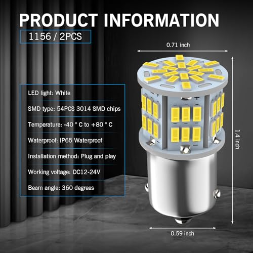 waswale 2 PCS 1156 LED Bulb Reversing Light, Single Contact 6800K Super Bright Turn Signal Bulb, 1141 1003 7506 BA15S Bulb, Universal for Most Cars (White) - Image 2