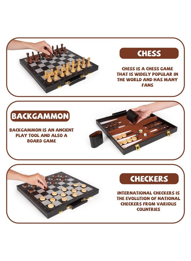 Agirlgle Chess Checkers Backgammon Set 3-In-1 Board Games Sets For Kids & Adults，15" Folding Magnetic Chess Set Leather Chess Board Strategy Game Portable Travel Chess Game With Magnetic Chess Pieces - Image 4