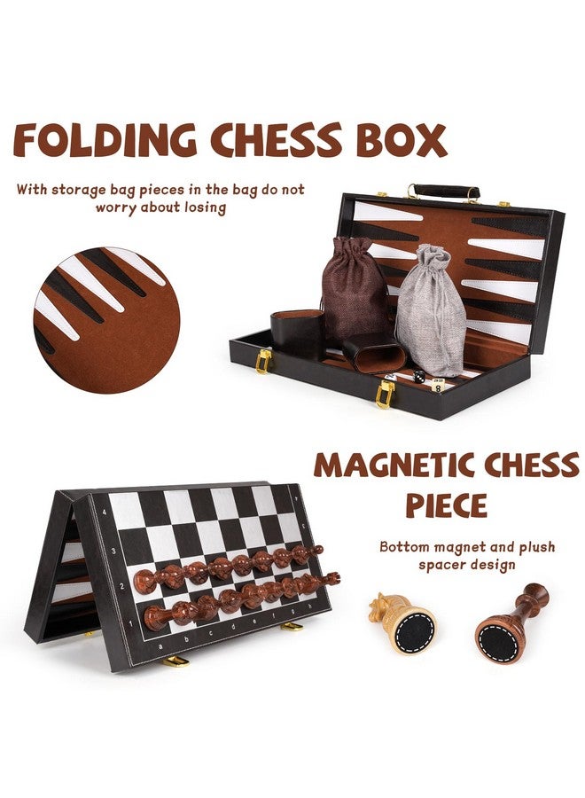 Agirlgle Chess Checkers Backgammon Set 3-In-1 Board Games Sets For Kids & Adults，15" Folding Magnetic Chess Set Leather Chess Board Strategy Game Portable Travel Chess Game With Magnetic Chess Pieces - Image 2