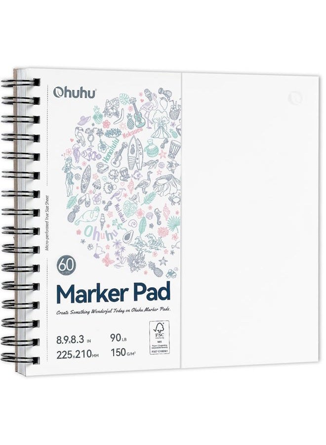 Ohuhu دفتر رسم مزدوج الجوانب مع أقلام ماركر - ورق رسم مقاوم للتسرب - 90LB/150GSM - 60 ورقة/120 صفحة متصلة (8.9 × 8.3 بوصة) - Image 1