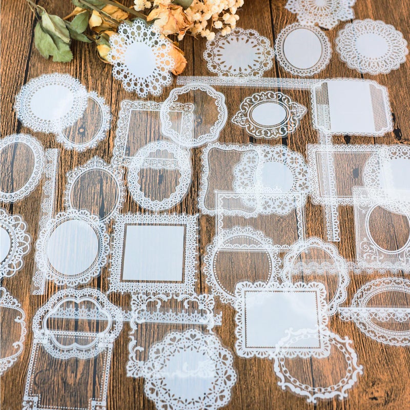 PRSTINCOL 120 PCs Lace Scrapbook Stickers,Waterproof Cutout Transparent Sticker PET Transparent Lace Stickers for Scrapbooking DIY Decoration Making Notebook Frame Album Handmade - Image 1
