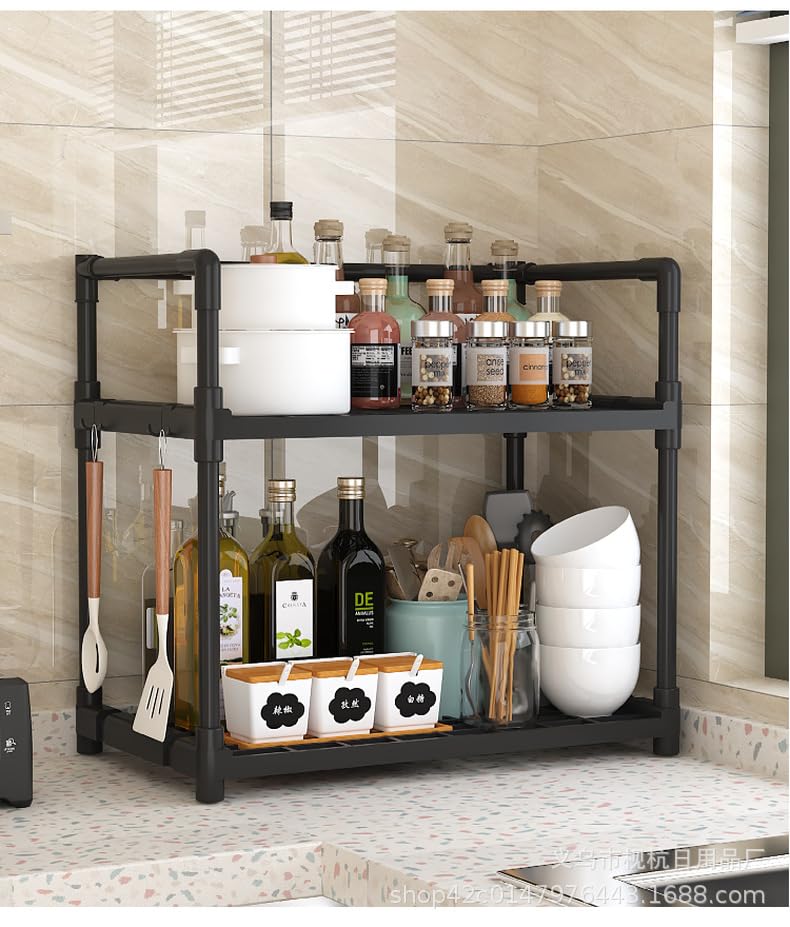 Delavala 2-Tier Acrylonitrile Butadiene Styrene Spice Rack Organizer For Countertop,Foldable Rust-Proof Standing Large Seasoning Storage Shelf With Hook For Kitchen Cabinet Living Room (2 Tire,Black) - Image 1