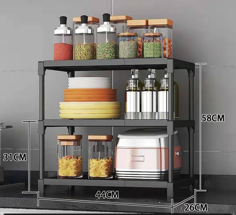 Delavala 2-Tier Acrylonitrile Butadiene Styrene Spice Rack Organizer For Countertop,Foldable Rust-Proof Standing Large Seasoning Storage Shelf With Hook For Kitchen Cabinet Living Room (2 Tire,Black) - Image 3