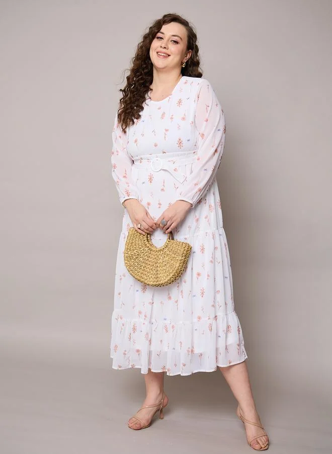 SASSAFRAS Sassafras Plus Size White Floral Print Tiered Maxi Dress