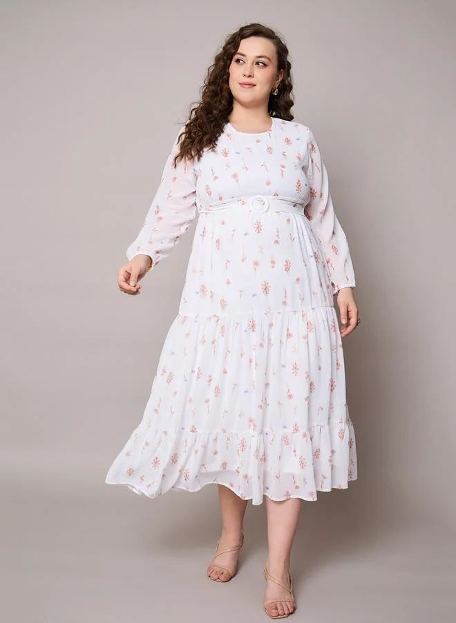SASSAFRAS Sassafras Plus Size White Floral Print Tiered Maxi Dress
