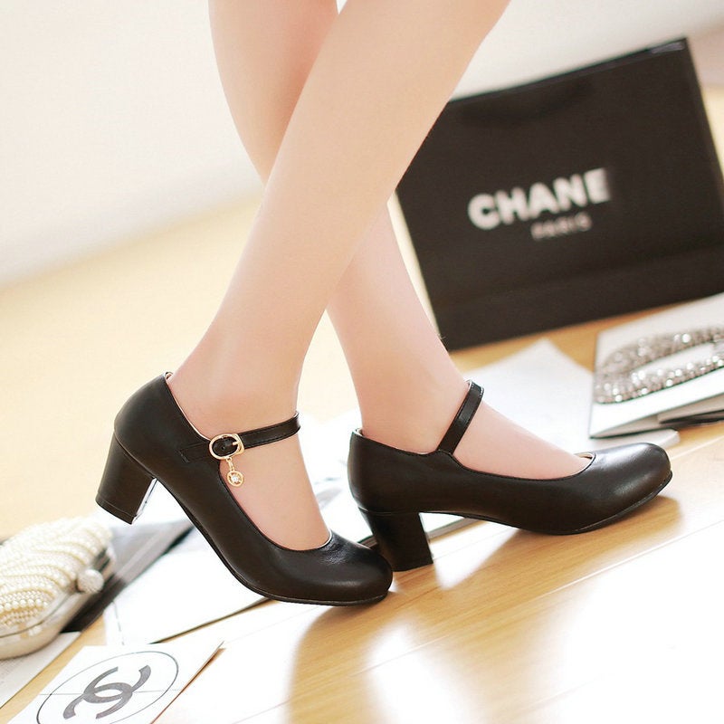 Ladies Shoes High Heel Middle Heel Women'S Shoes Student Work Shoes Single Button Shallow Mouth Round Toe Mary Jane Shoes Women'S Large Size - Image 3