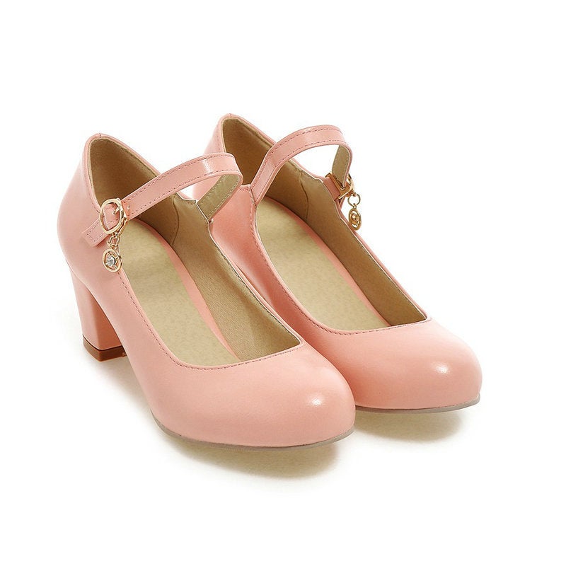 Ladies Shoes High Heel Middle Heel Women'S Shoes Student Work Shoes Single Button Shallow Mouth Round Toe Mary Jane Shoes Women'S Large Size - Image 1