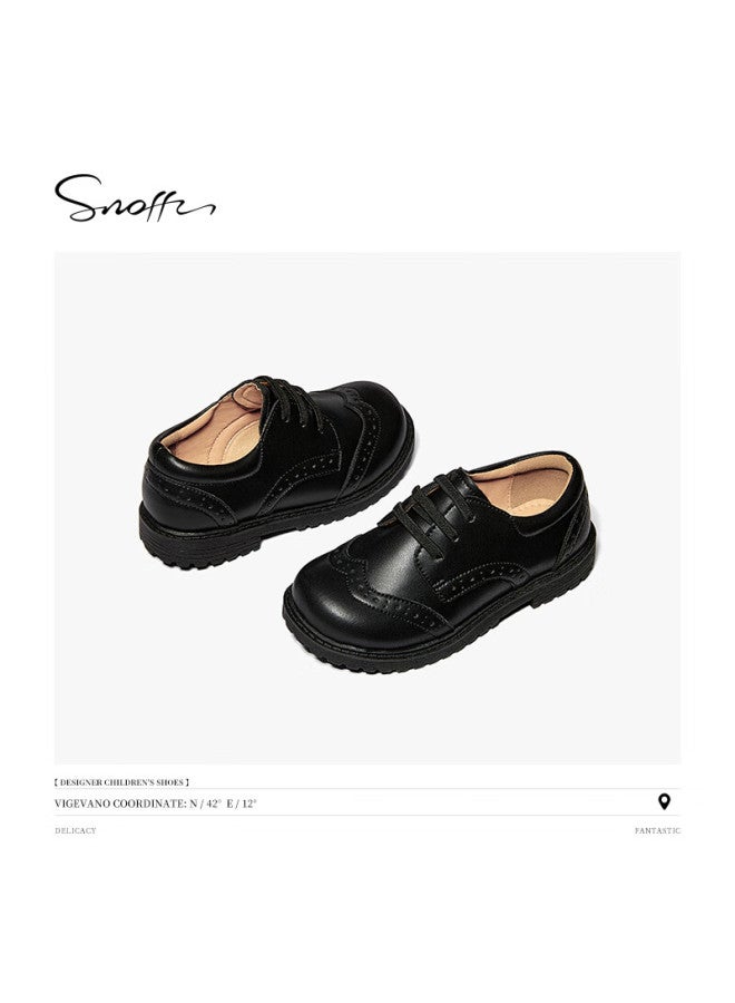 Snoffy Children's Leather Shoes, Autumn Boys' Performance Shoes, Soft-soled School Shoes, Black Leather Shoes For Campus, Academic Black, Size 36 - Image 1