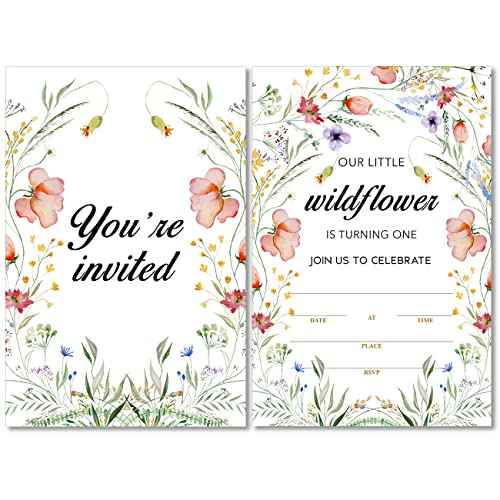 Soiceu Cute Wildflower 1st Birthday Party Invitations with Envelopes Set of 20 Boho Wildflower 1 Year Old First Birthday Party Invites for Girls - Image 1
