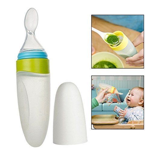 HONCH Itian 90ml Silicone Squeeze Bottle Baby Food Dispensing Spoon The Bottle Squeeze Feeder with a Spoon Newborn Toddler Infant Food Supplement (Green) - Image 1
