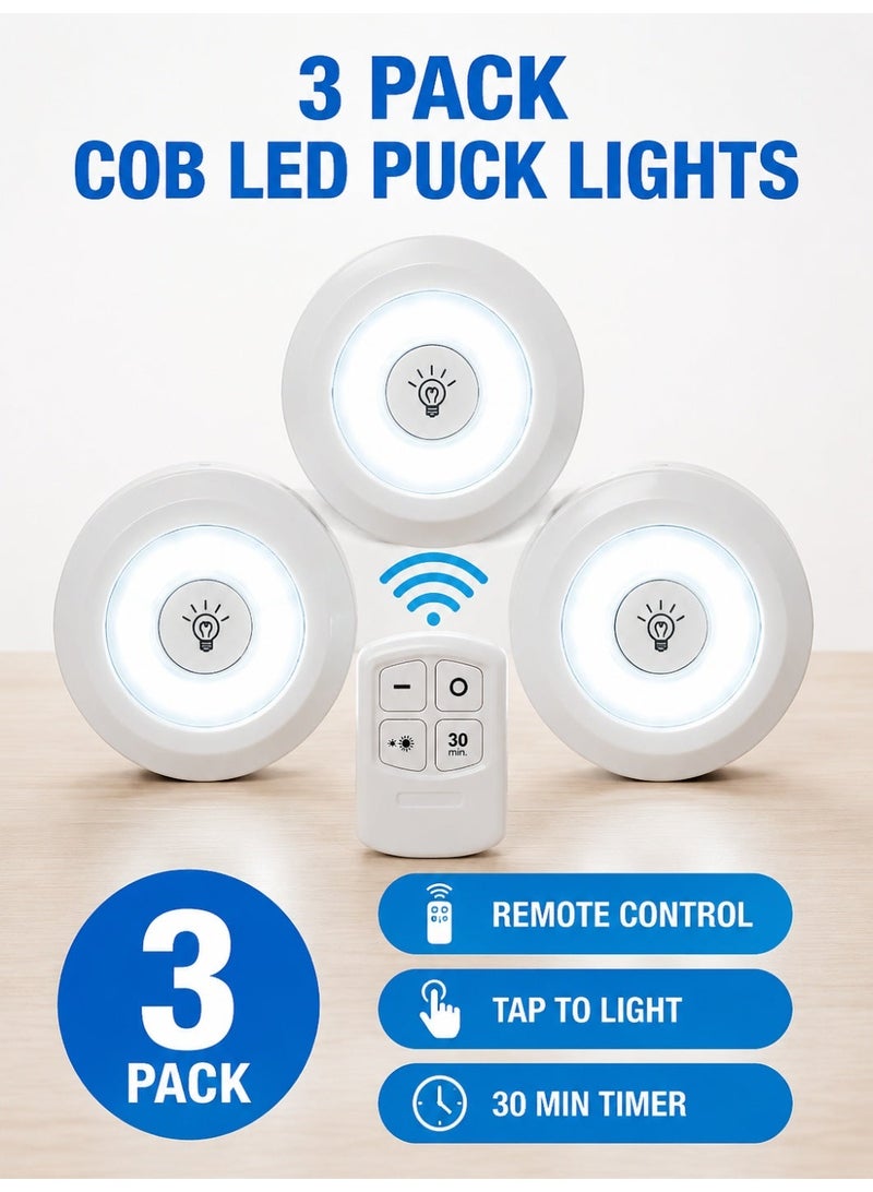 مجموعة مكونة من 3 مصابيح ليلية LED بتقنية COB مزودة بجهاز تحكم عن بُعد، ومصباح ذكي مزود بجهاز استشعار لاسلكي للتحكم عن بُعد، ومصابيح لاسلكية باللون الأبيض لتركيبها أسفل الخزائن، ومصابيح تعمل بالبطارية وتُشغَّل بضغطة زر، ومناسبة لغرف النوم والمطابخ والخزائن وخزائن الملابس - Image 1