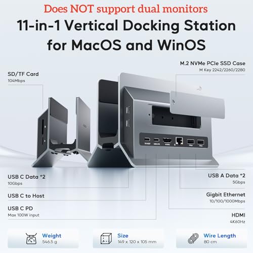 PULWTOP Vertical MacBook Docking Station, Docking Station for Mac mini with M.2 NVMe case for MacBook Pro/Air, 4K@60Hz HDMI, 2USB C 10Gbps, SD/TF, 100W PD, RJ45, 2 USB A for Windows Laptops (Black) - Image 2