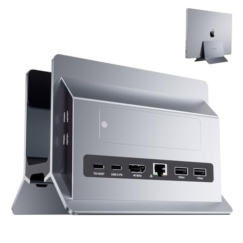 PULWTOP Vertical MacBook Docking Station, Docking Station for Mac mini with M.2 NVMe case for MacBook Pro/Air, 4K@60Hz HDMI, 2USB C 10Gbps, SD/TF, 100W PD, RJ45, 2 USB A for Windows Laptops (Black) - Image 1