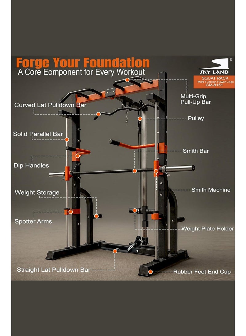 سكاي لاند سلسلة SKY LAND للقفص الحديدي ورف القرفصاء، معدات رياضية منزلية قوية للتدريب على القوة، رفع الأثقال، وتمارين الجسم بالكامل GM-8151 رفوف قابلة للتعديل وخيارات جهاز سميث. - Image 4