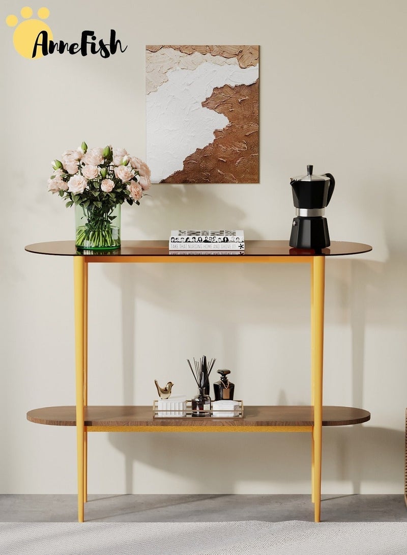 AnneFish 104*35*80cm 2Tier Glass Console Table Modern Sofa Table with Amber Glass Top  and Gold Metal Frame Entryway Table Side Table Home Coffee Corner Display Table for Couch Hallway Entrance Living Room - Image 3