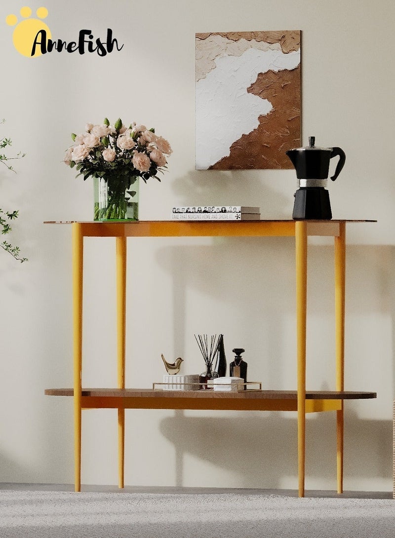 AnneFish 104*35*80cm 2Tier Glass Console Table Modern Sofa Table with Amber Glass Top  and Gold Metal Frame Entryway Table Side Table Home Coffee Corner Display Table for Couch Hallway Entrance Living Room - Image 4