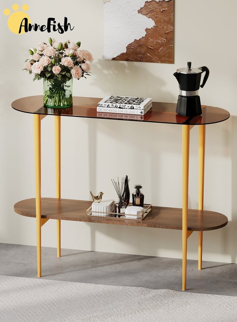 AnneFish 104*35*80cm 2Tier Glass Console Table Modern Sofa Table with Amber Glass Top  and Gold Metal Frame Entryway Table Side Table Home Coffee Corner Display Table for Couch Hallway Entrance Living Room - Image 1
