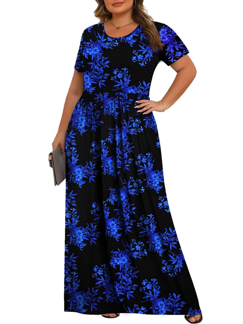 Tencede Womens Plus Size Maxi Dresses Summer 2026 Casual Short Sleeve with Pockets Long Dress Black Blue Leaves 2X - Image 2