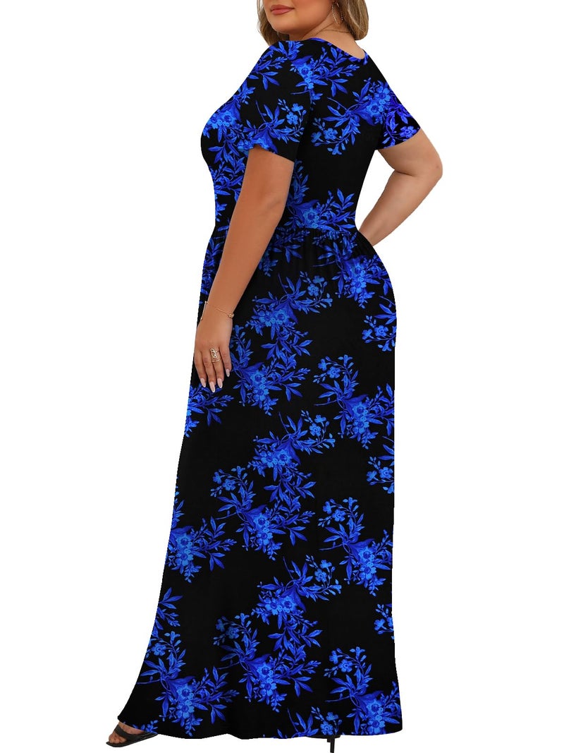 Tencede Womens Plus Size Maxi Dresses Summer 2026 Casual Short Sleeve with Pockets Long Dress Black Blue Leaves 2X - Image 4