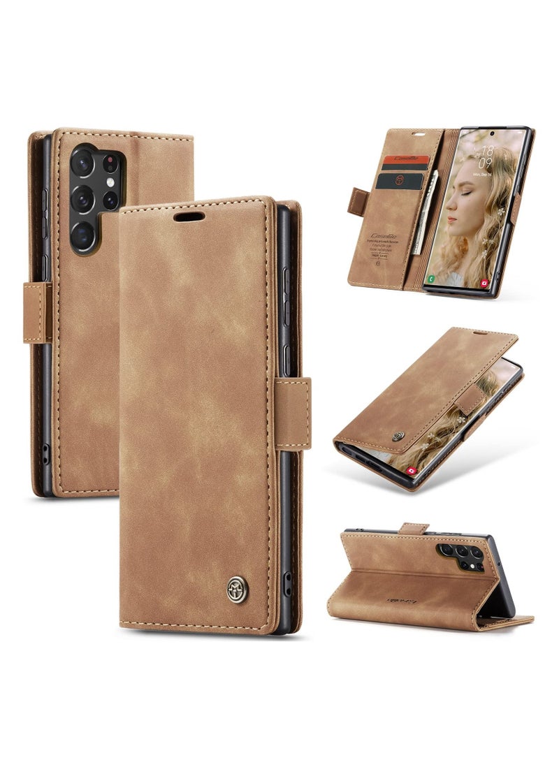 CaseMe Phone Case Luxury PU Leather Design 013 Flip Cover Card Slot Holder Cover For Samsung Galaxy S24 Ultra (Brown) - Image 1