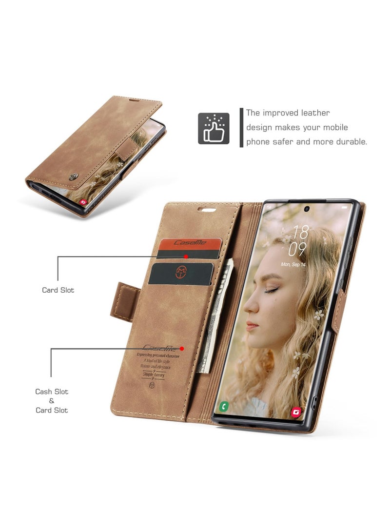 CaseMe Phone Case Luxury PU Leather Design 013 Flip Cover Card Slot Holder Cover For Samsung Galaxy S24 Ultra (Brown) - Image 4