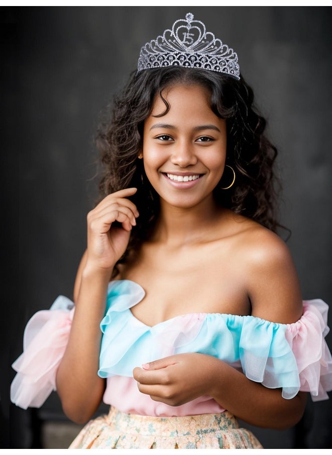 جاين فاشونز تاج كوينسيانيرا الحلو 15 وحفلات أعياد الميلاد الخامسة عشر Coronas De Quinceañeras باللون الأبيض الشفاف مرصع بأحجار الراين النمساوية مع أمشاط للشعر الأميرة الذهبية الفضية T1756 (فضية مع أمشاط)  - Image 1