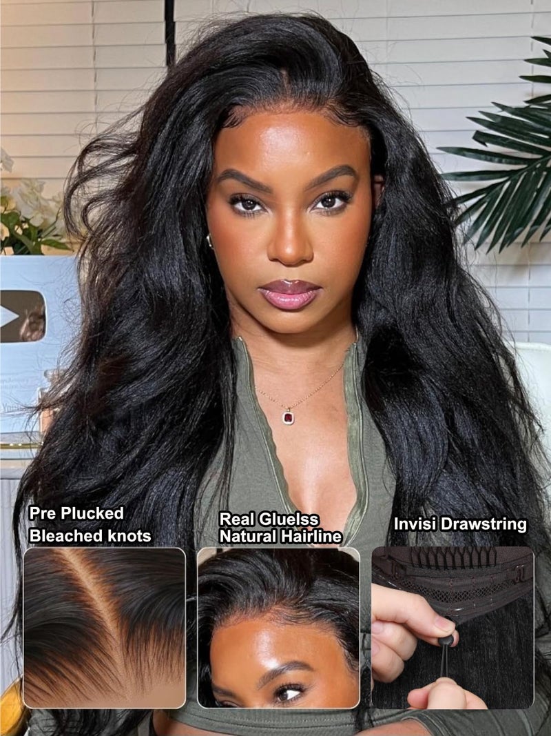 UNICE Bye Bye Knots Light Yaki Straight Glueless Wig Human Hair with Drawstring 7x5 Pre Cut HD Lace Front Wigs Pre Plucked Bleached Knots Pre Everything Put on and Go Wig Natural Hairline 16 inch - Image 3