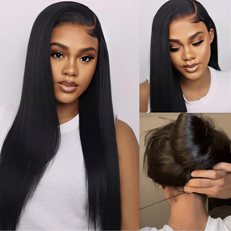 UNICE Bye Bye Knots Light Yaki Straight Glueless Wig Human Hair with Drawstring 7x5 Pre Cut HD Lace Front Wigs Pre Plucked Bleached Knots Pre Everything Put on and Go Wig Natural Hairline 16 inch - Image 1
