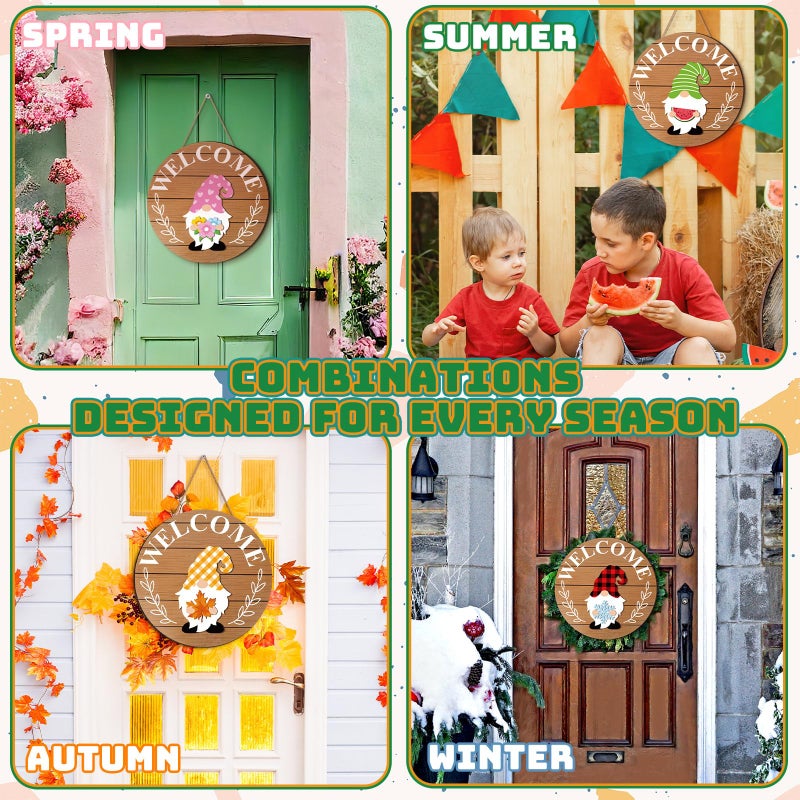 Qunclay Interchangeable Wooden Gnome Decor Holiday Seasonal Gnome Decorations with Magnet Pieces and Detachable Hats Changeable Welcome Sign for Home(Simple Style) - Image 5