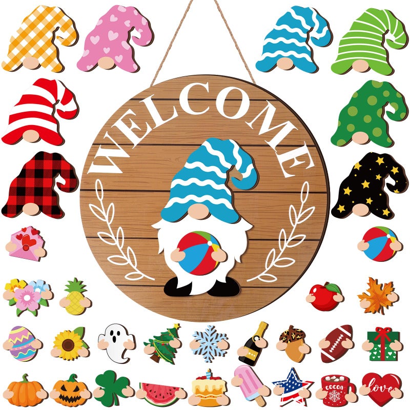 Qunclay Interchangeable Wooden Gnome Decor Holiday Seasonal Gnome Decorations with Magnet Pieces and Detachable Hats Changeable Welcome Sign for Home(Simple Style) - Image 1
