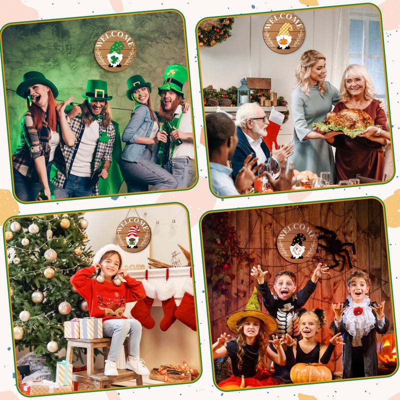 Qunclay Interchangeable Wooden Gnome Decor Holiday Seasonal Gnome Decorations with Magnet Pieces and Detachable Hats Changeable Welcome Sign for Home(Simple Style) - Image 3