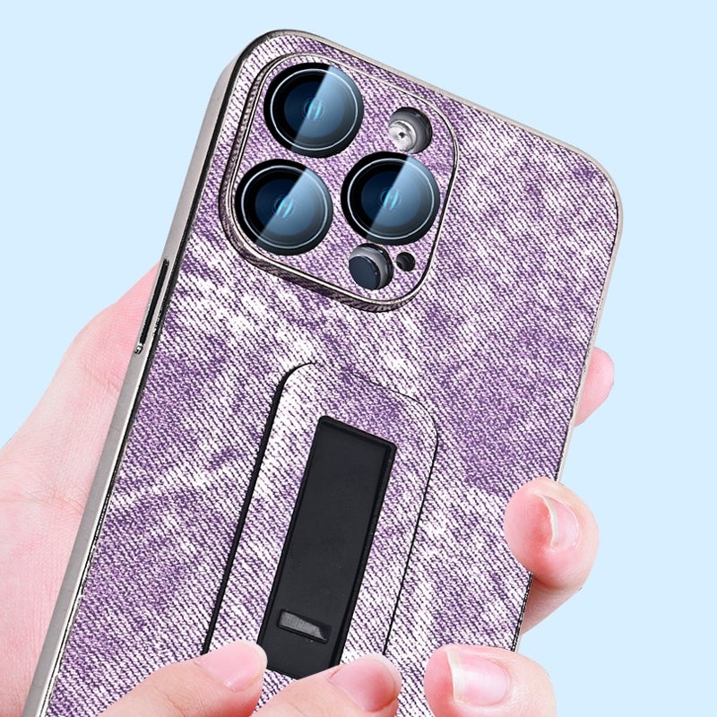 HuHa Protective Cover For iPhone 12 Denim Pattern Electroplated Push-pull Bracket Cooling Phone Case(Pink Purple) - Image 3