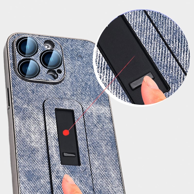 HuHa Protective Cover For iPhone 12 Denim Pattern Electroplated Push-pull Bracket Cooling Phone Case(Pink Purple) - Image 5