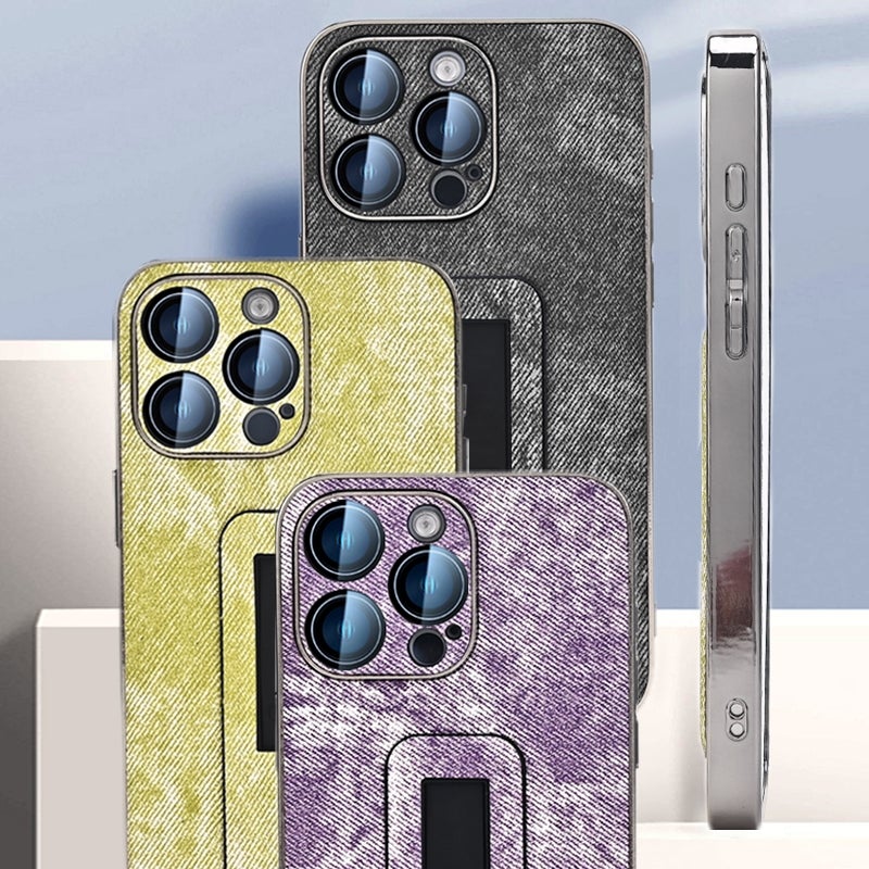 HuHa Protective Cover For iPhone 12 Denim Pattern Electroplated Push-pull Bracket Cooling Phone Case(Pink Purple) - Image 2