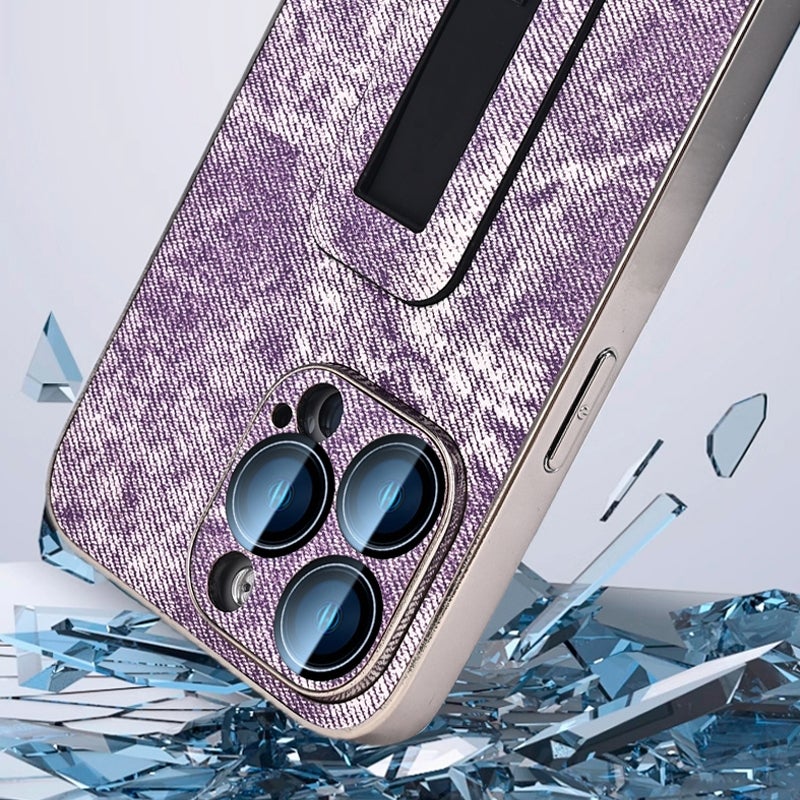 HuHa Protective Cover For iPhone 12 Denim Pattern Electroplated Push-pull Bracket Cooling Phone Case(Pink Purple) - Image 4
