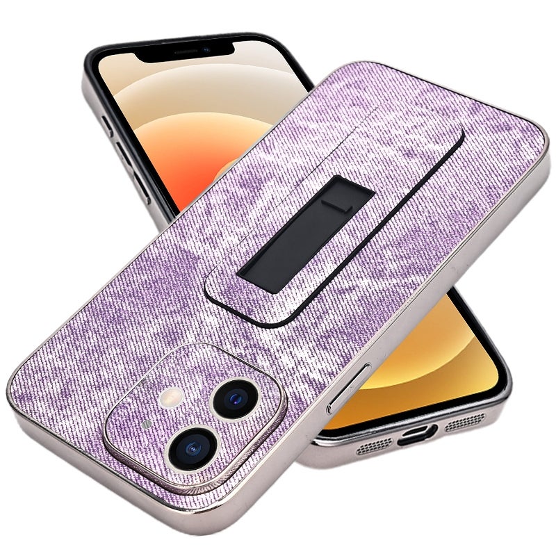 HuHa Protective Cover For iPhone 12 Denim Pattern Electroplated Push-pull Bracket Cooling Phone Case(Pink Purple) - Image 1