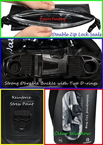 Freegrace Waterproof Dry Bags Set of 3 Dry Bag with 2 Zip Lock Seals & Detachable Shoulder Strap, Waist Pouch & Phone Case - Can Be Submerged Into Water - for Swimming (Black(Window), 10L) - Image 3