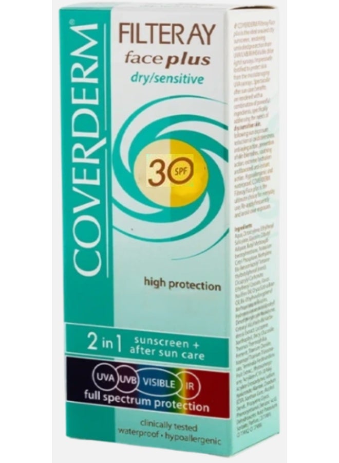 COVERDERM Filteray Face Plus Dry / Sensitive Sunscreen SPF 30 50ml – 2-in-1 Sun Protection & After Sun Care - Image 3