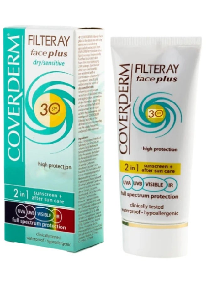 COVERDERM Filteray Face Plus Dry / Sensitive Sunscreen SPF 30 50ml – 2-in-1 Sun Protection & After Sun Care - Image 1