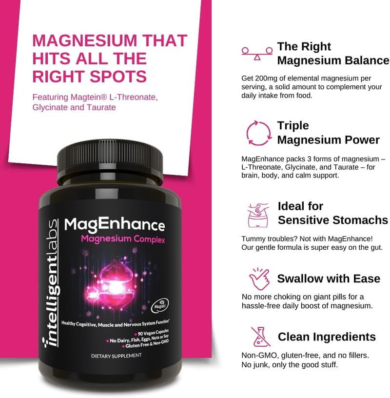 Intelligent Labs MagEnhance Magtein Magnesium Complex Supplement LThreonate with Magnesium Glycinate and Taurate 90 Capsules - Image 3