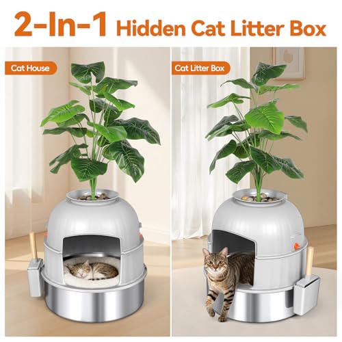 Bartuke Hidden Cat Litter Box Enclosure with Artificial Plant, Stainless Steel Litter Box Furniture, Decorative Round Planter Includes Scoop, Pebbles, Carbon Filter, Easy to Clean (Light Grey) - Image 3