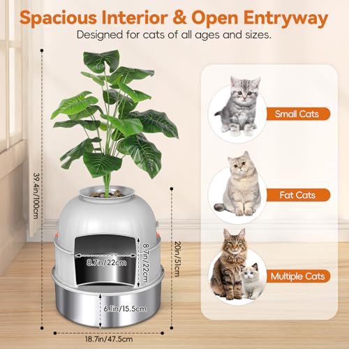 Bartuke Hidden Cat Litter Box Enclosure with Artificial Plant, Stainless Steel Litter Box Furniture, Decorative Round Planter Includes Scoop, Pebbles, Carbon Filter, Easy to Clean (Light Grey) - Image 2