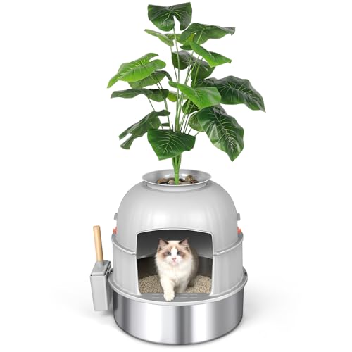 Bartuke Hidden Cat Litter Box Enclosure with Artificial Plant, Stainless Steel Litter Box Furniture, Decorative Round Planter Includes Scoop, Pebbles, Carbon Filter, Easy to Clean (Light Grey) - Image 1