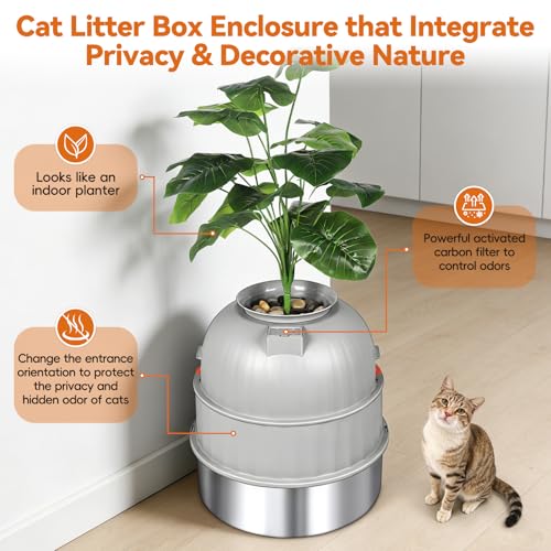 Bartuke Hidden Cat Litter Box Enclosure with Artificial Plant, Stainless Steel Litter Box Furniture, Decorative Round Planter Includes Scoop, Pebbles, Carbon Filter, Easy to Clean (Light Grey) - Image 5